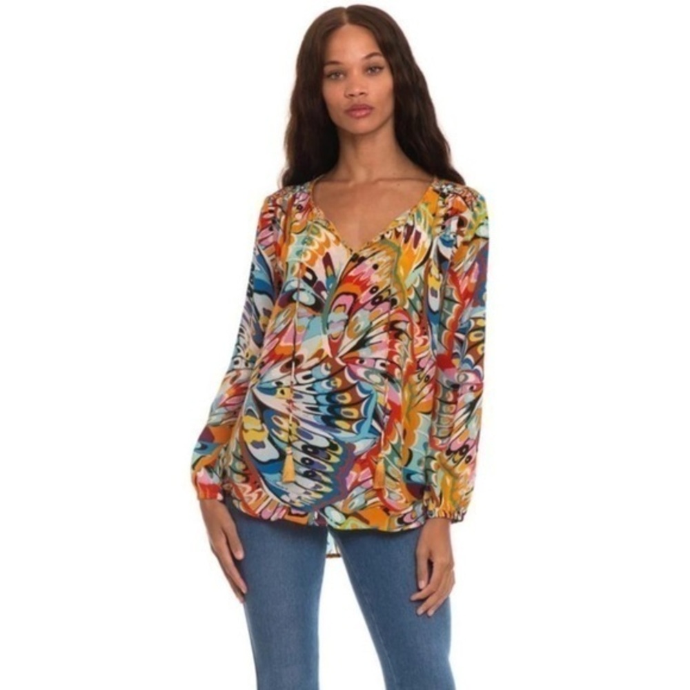 Tolani Multicolor Butterfly-Print V-Neck Blouse